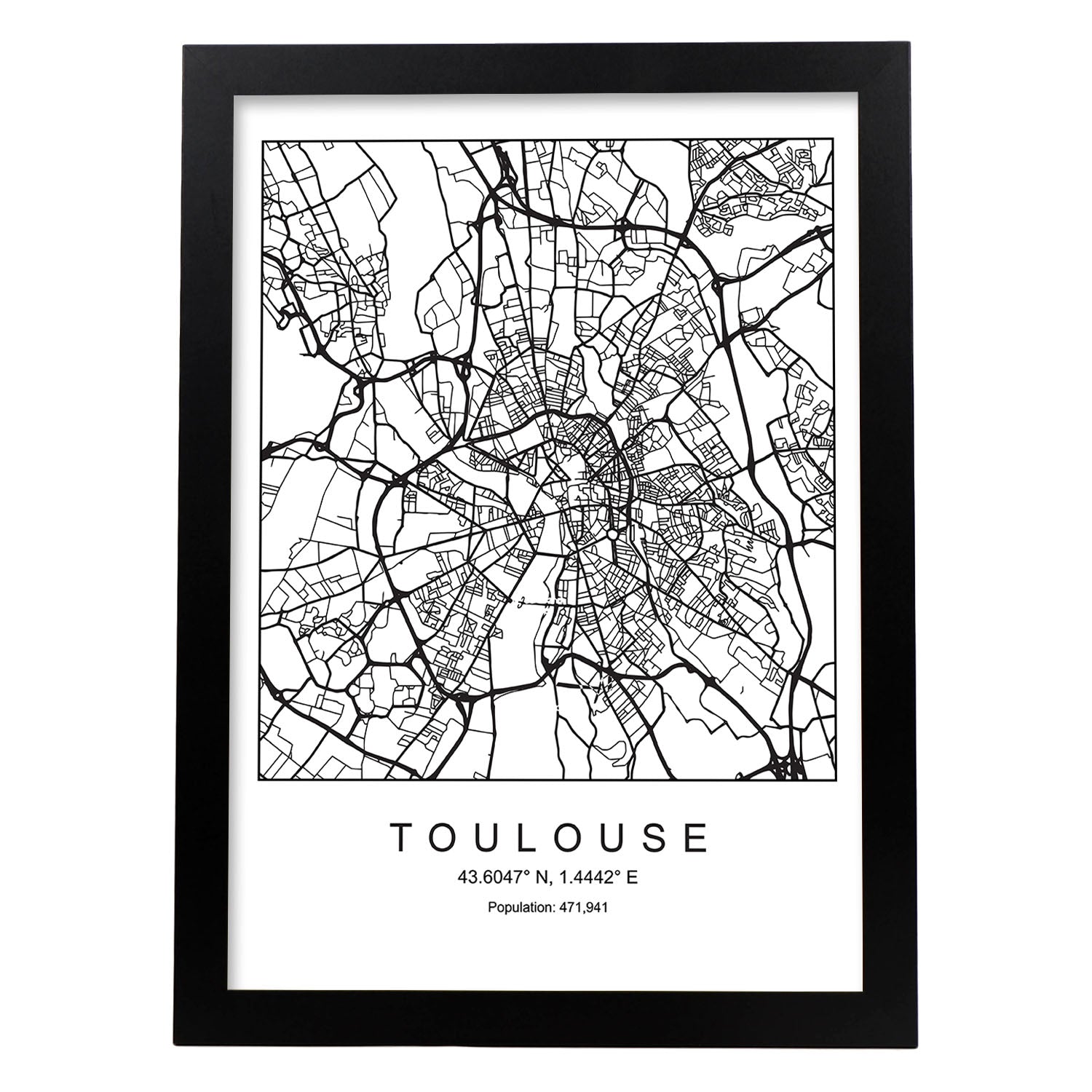 Lámina Mapa de la Ciudad Toulouse Estilo nordico en Blanco y negro.-Artwork-Nacnic-A4-Marco Negro-Nacnic Estudio SL