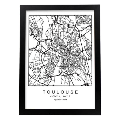 Lámina Mapa de la Ciudad Toulouse Estilo nordico en Blanco y negro.-Artwork-Nacnic-A4-Marco Negro-Nacnic Estudio SL