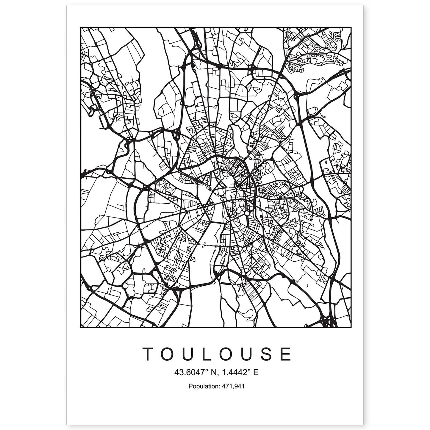 Lámina Mapa de la Ciudad Toulouse Estilo nordico en Blanco y negro.-Artwork-Nacnic-A4-Sin marco-Nacnic Estudio SL