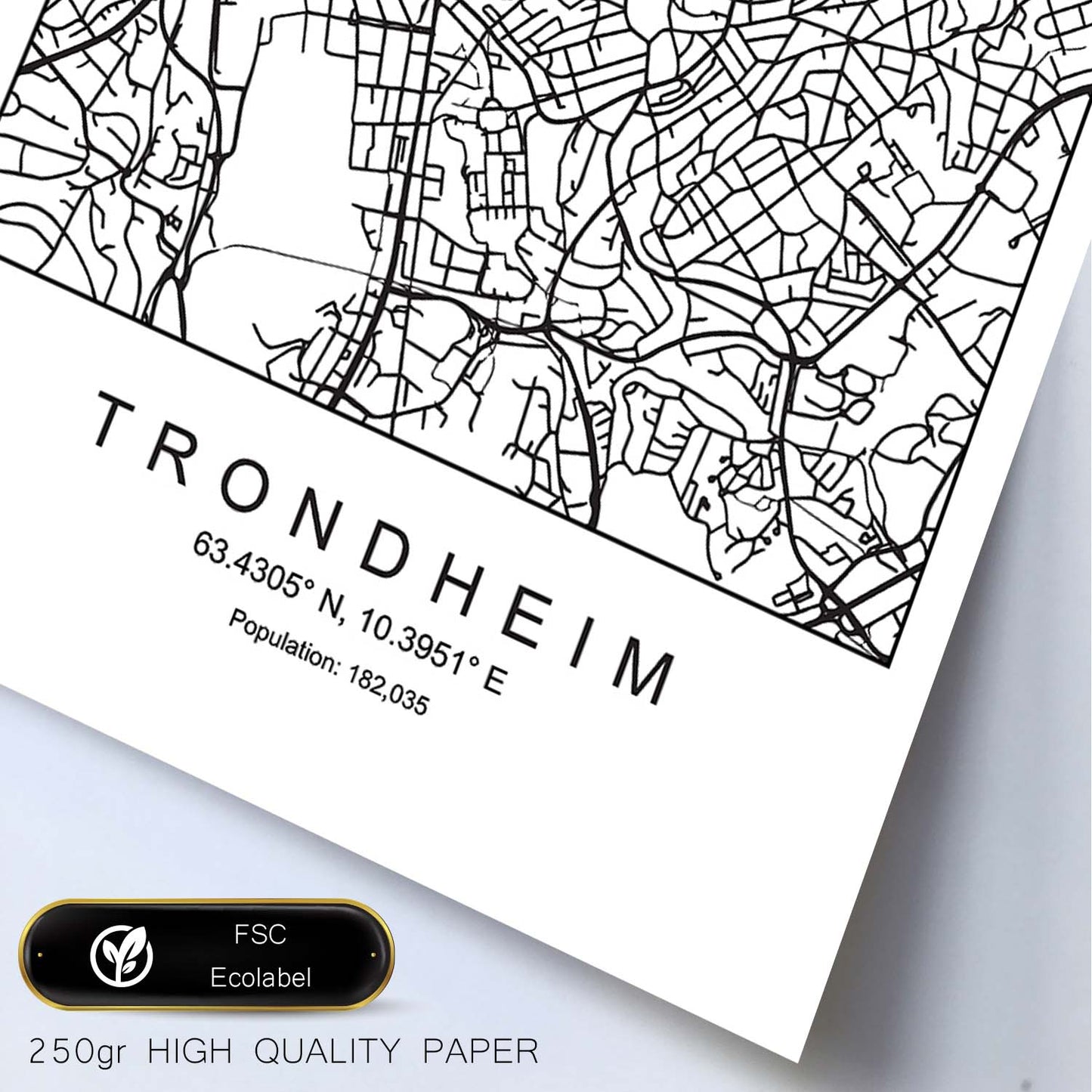 Lámina Mapa de la Ciudad Trondheim Estilo nordico en Blanco y negro.-Artwork-Nacnic-Nacnic Estudio SL