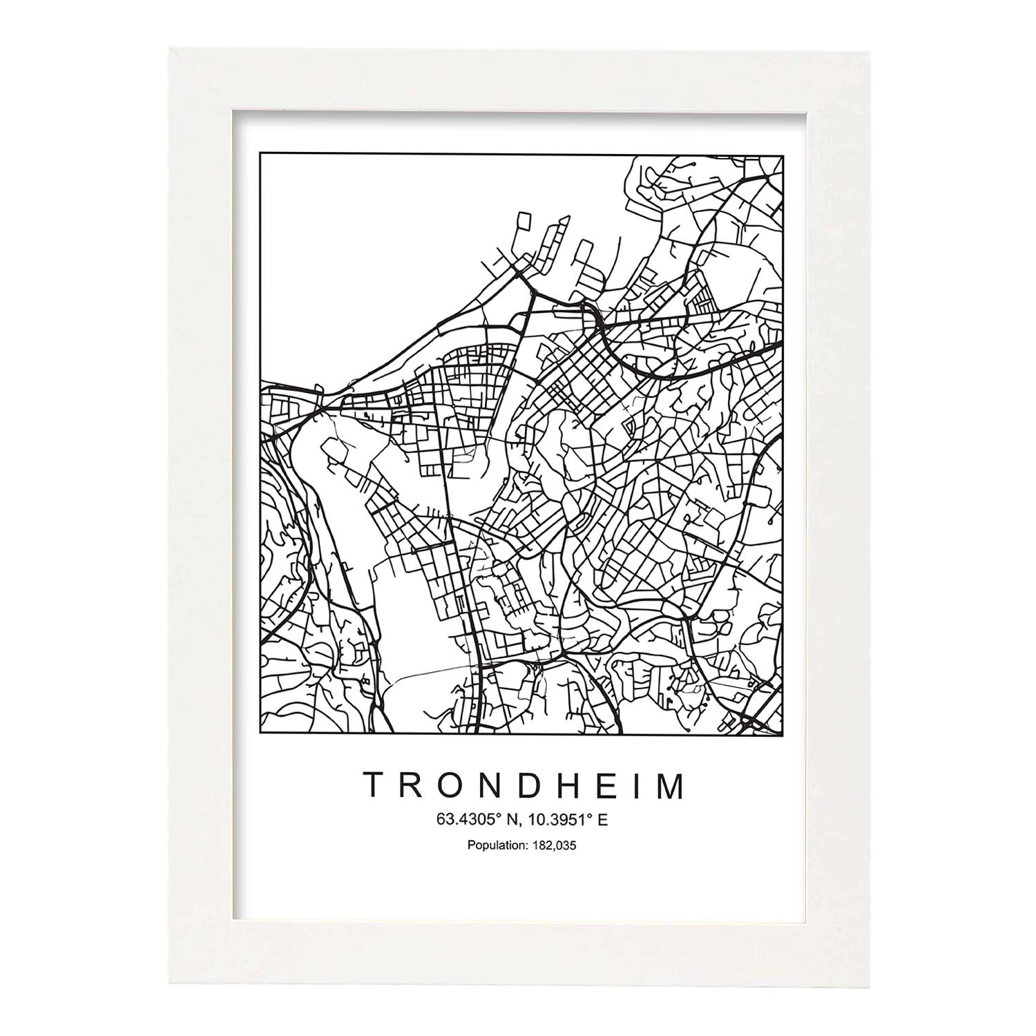 Lámina Mapa de la Ciudad Trondheim Estilo nordico en Blanco y negro.-Artwork-Nacnic-A3-Marco Blanco-Nacnic Estudio SL