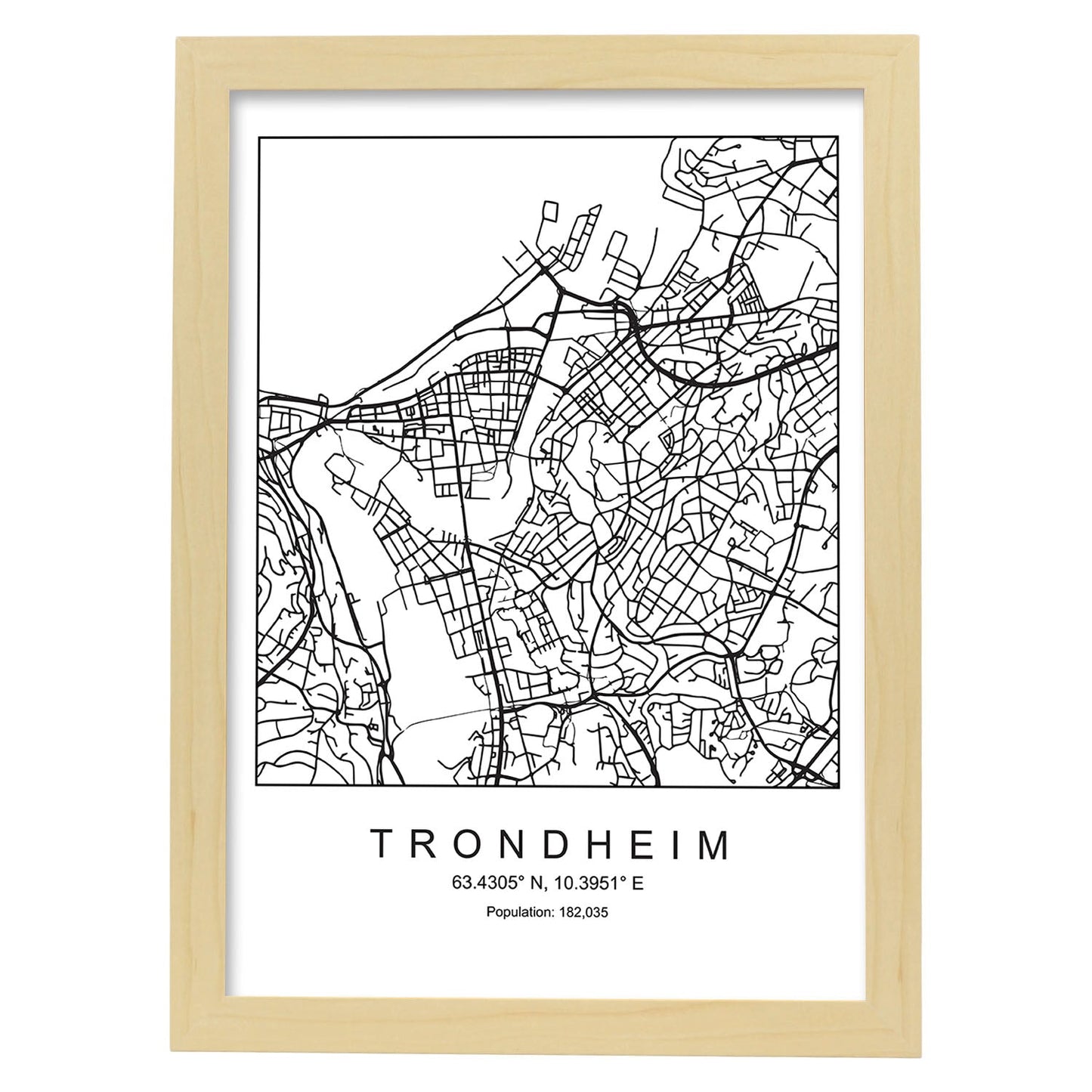 Lámina Mapa de la Ciudad Trondheim Estilo nordico en Blanco y negro.-Artwork-Nacnic-A3-Marco Madera clara-Nacnic Estudio SL