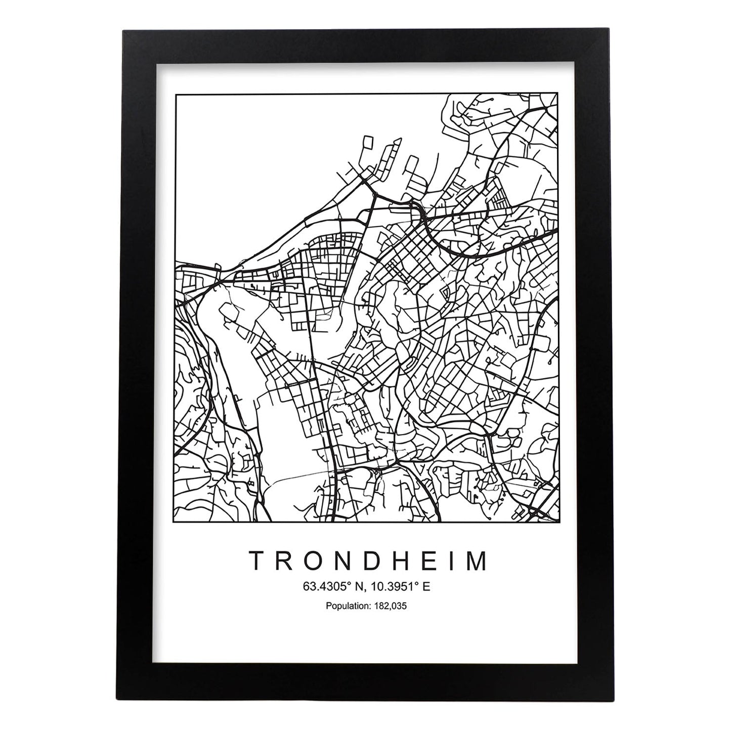 Lámina Mapa de la Ciudad Trondheim Estilo nordico en Blanco y negro.-Artwork-Nacnic-A3-Marco Negro-Nacnic Estudio SL