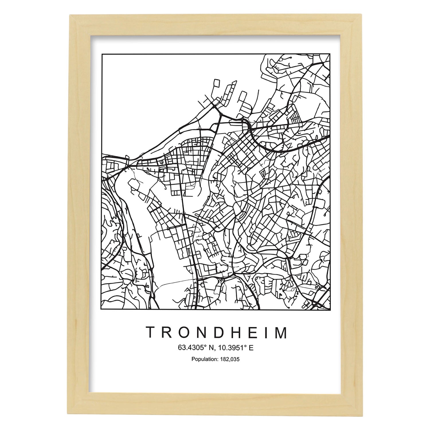 Lámina Mapa de la Ciudad Trondheim Estilo nordico en Blanco y negro.-Artwork-Nacnic-A4-Marco Madera clara-Nacnic Estudio SL