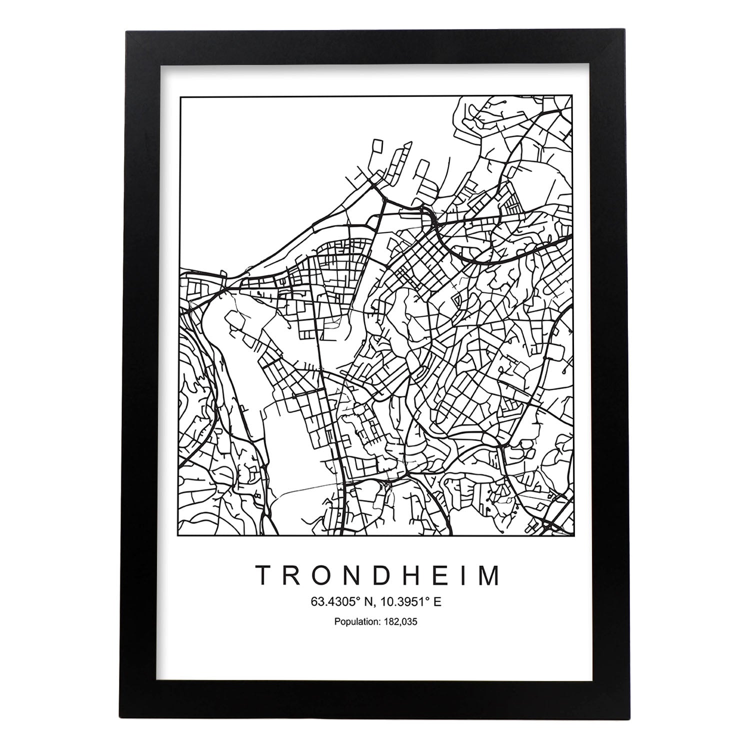 Lámina Mapa de la Ciudad Trondheim Estilo nordico en Blanco y negro.-Artwork-Nacnic-A4-Marco Negro-Nacnic Estudio SL
