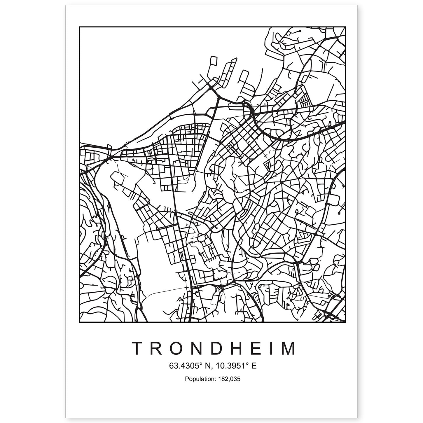 Lámina Mapa de la Ciudad Trondheim Estilo nordico en Blanco y negro.-Artwork-Nacnic-A4-Sin marco-Nacnic Estudio SL