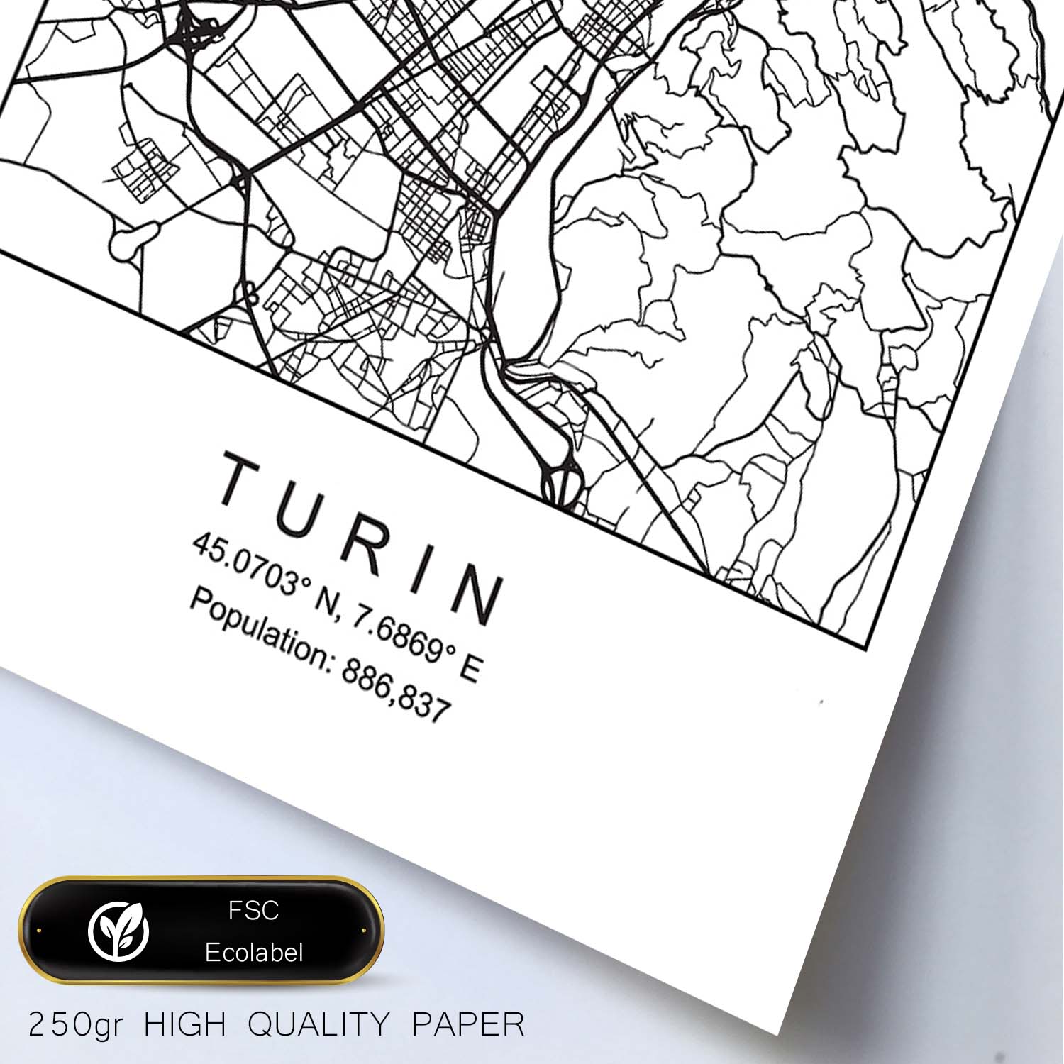 Lámina Mapa de la Ciudad Turin Estilo nordico en Blanco y negro.-Artwork-Nacnic-Nacnic Estudio SL