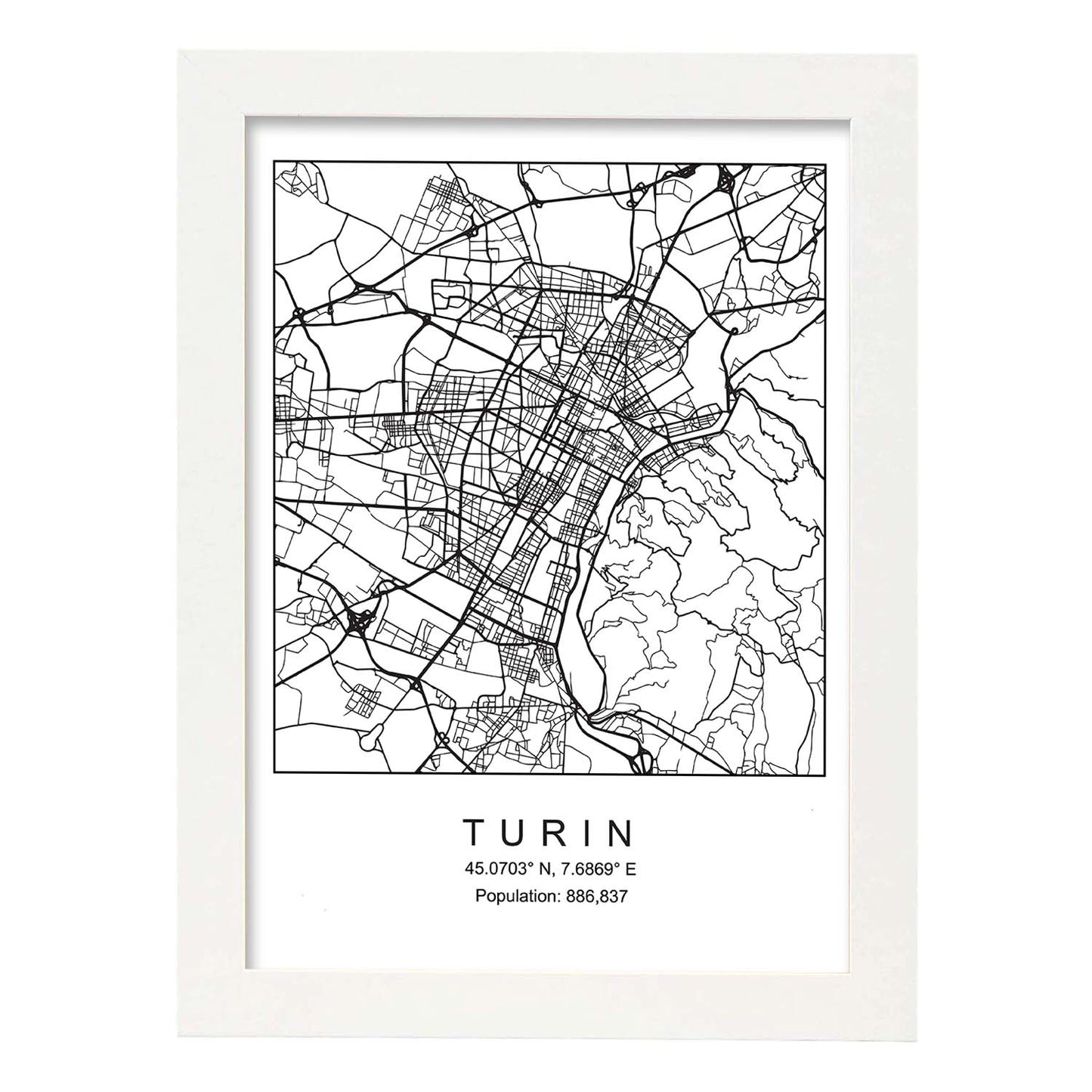 Lámina Mapa de la Ciudad Turin Estilo nordico en Blanco y negro.-Artwork-Nacnic-A3-Marco Blanco-Nacnic Estudio SL