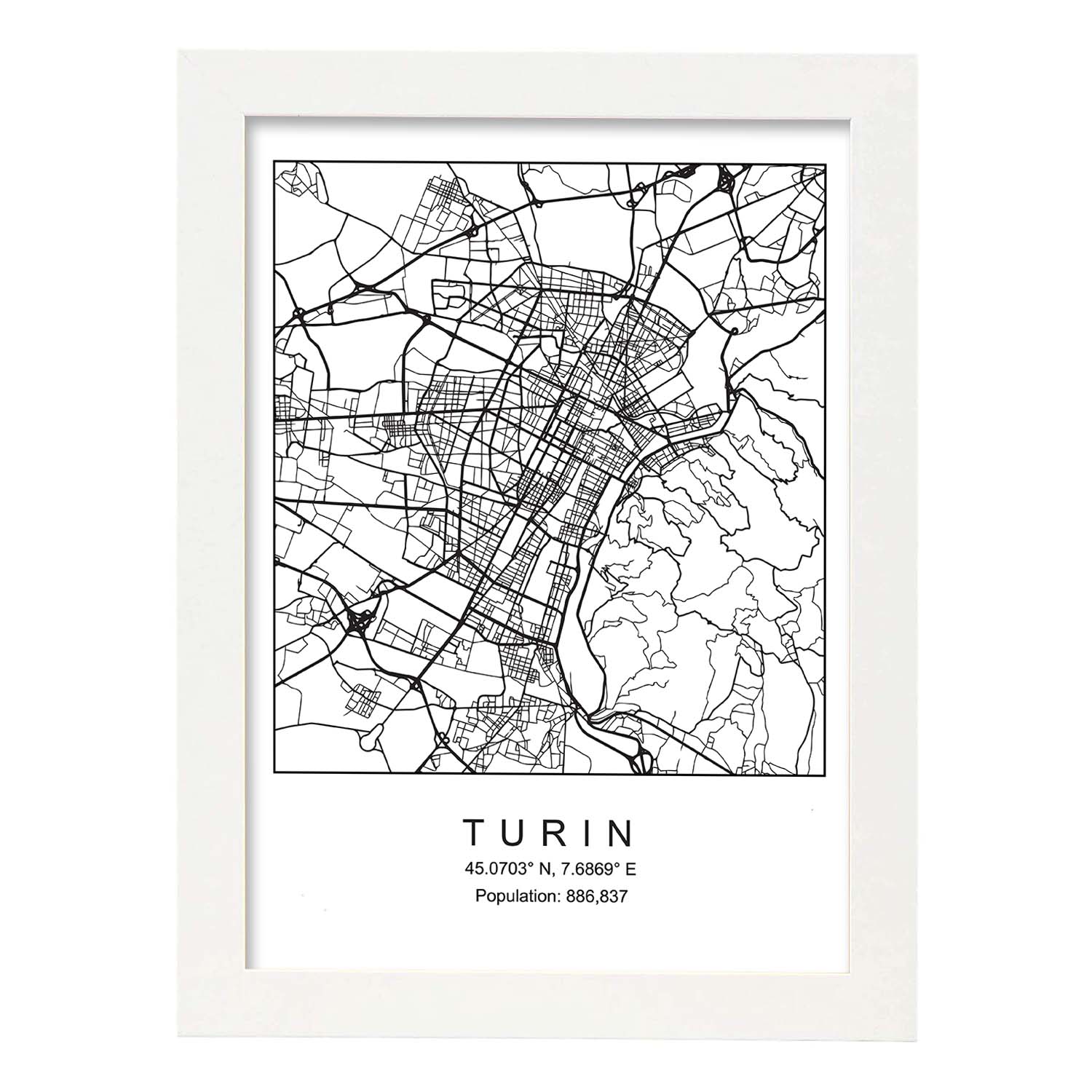 Lámina Mapa de la Ciudad Turin Estilo nordico en Blanco y negro.-Artwork-Nacnic-A3-Marco Blanco-Nacnic Estudio SL