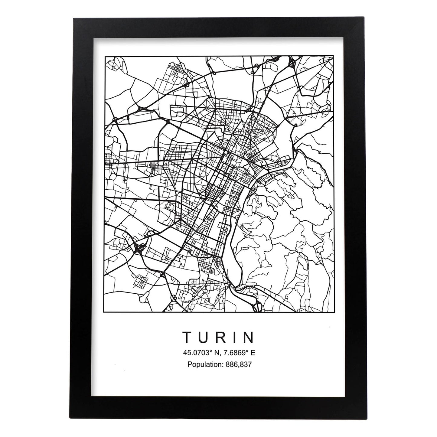 Lámina Mapa de la Ciudad Turin Estilo nordico en Blanco y negro.-Artwork-Nacnic-A3-Marco Negro-Nacnic Estudio SL