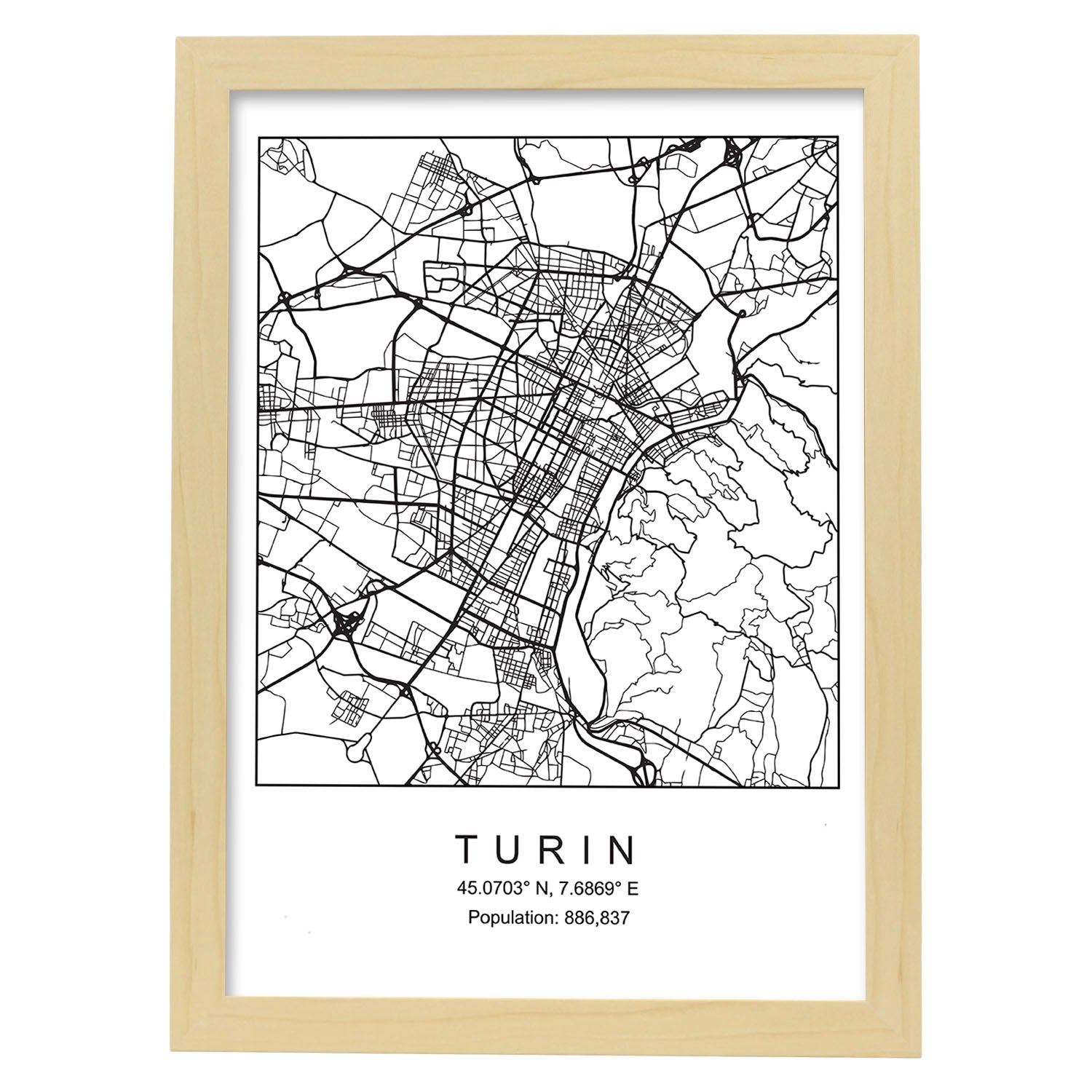 Lámina Mapa de la Ciudad Turin Estilo nordico en Blanco y negro.-Artwork-Nacnic-A4-Marco Madera clara-Nacnic Estudio SL