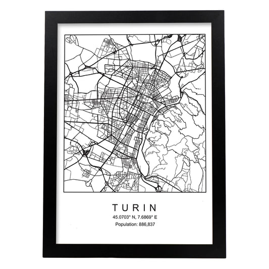 Lámina Mapa de la Ciudad Turin Estilo nordico en Blanco y negro.-Artwork-Nacnic-A4-Marco Negro-Nacnic Estudio SL
