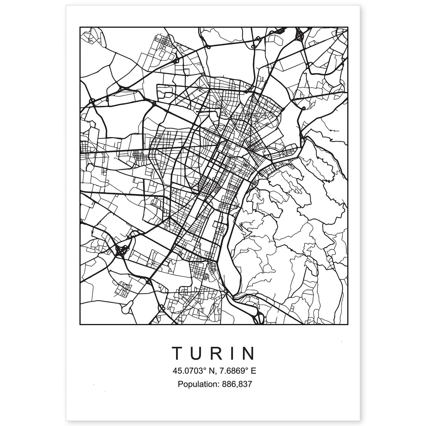 Lámina Mapa de la Ciudad Turin Estilo nordico en Blanco y negro.-Artwork-Nacnic-A4-Sin marco-Nacnic Estudio SL
