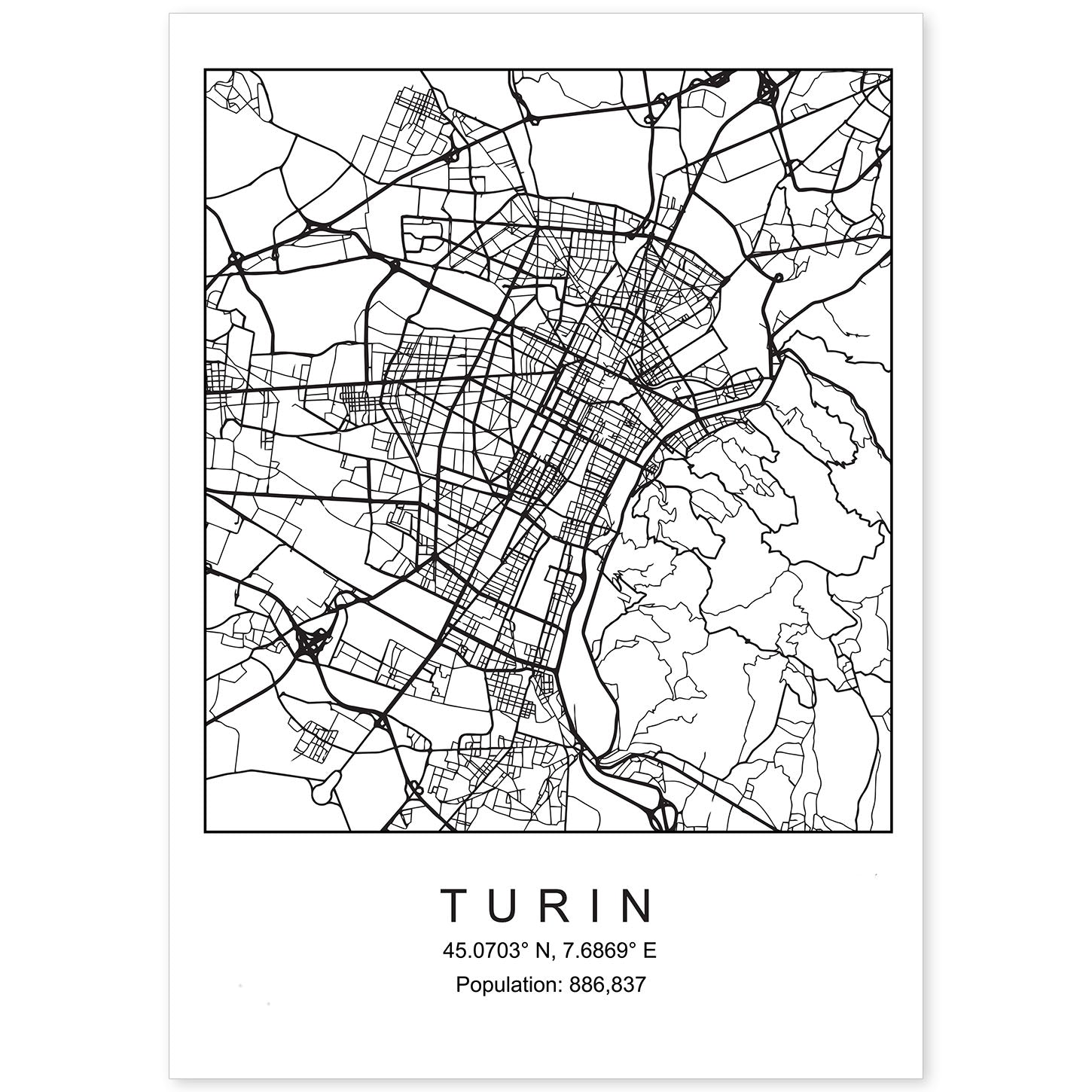 Lámina Mapa de la Ciudad Turin Estilo nordico en Blanco y negro.-Artwork-Nacnic-A4-Sin marco-Nacnic Estudio SL