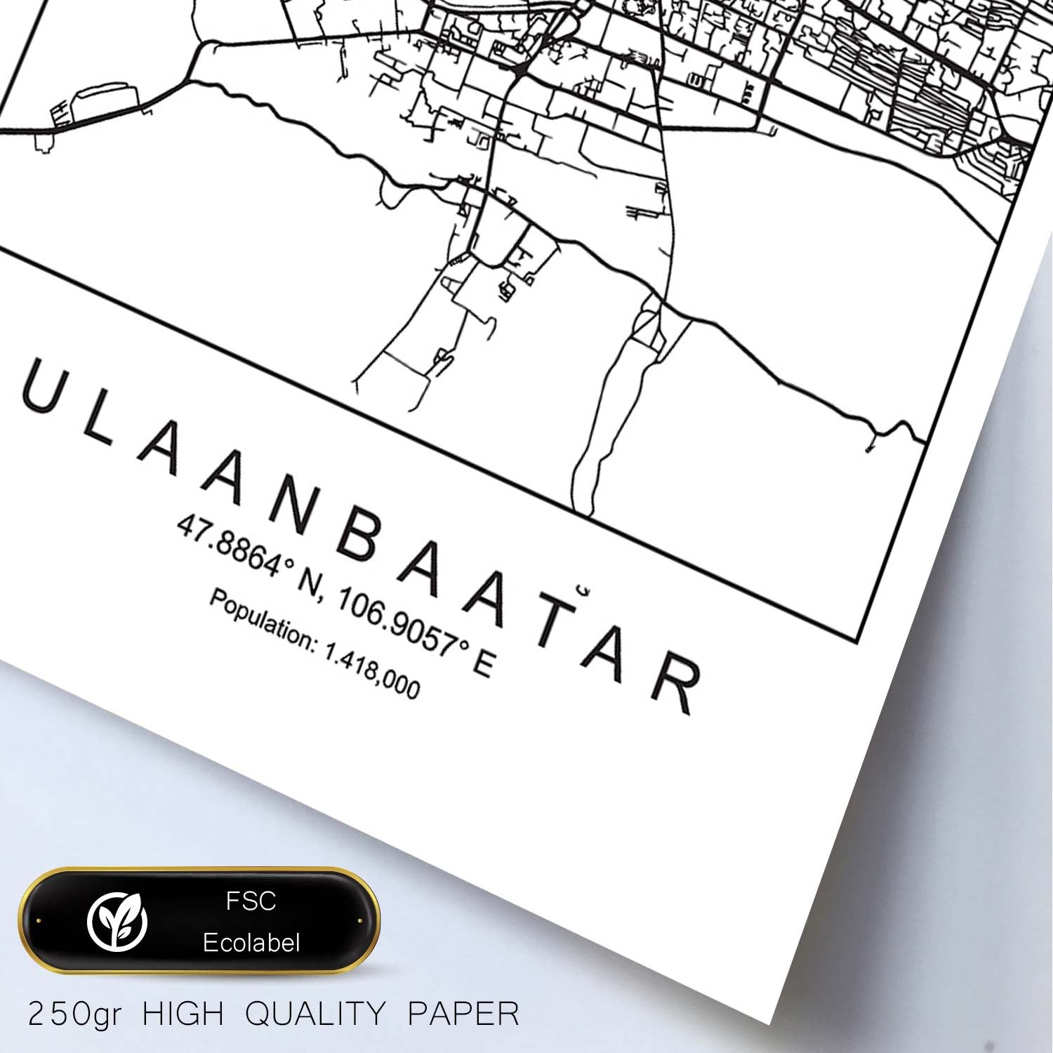Lámina Mapa de la Ciudad Ulaanbaatar Estilo nordico en Blanco y negro.-Artwork-Nacnic-Nacnic Estudio SL