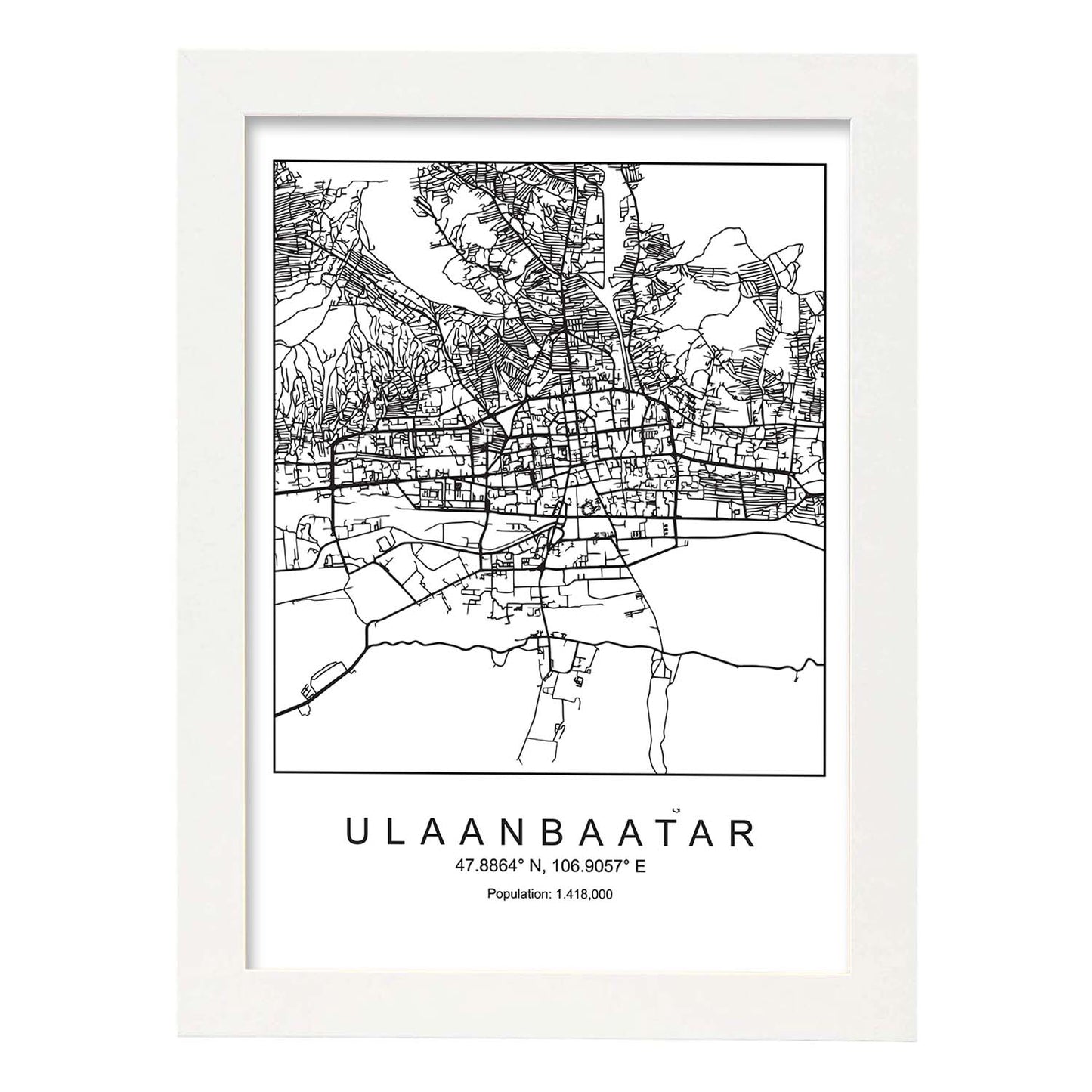 Lámina Mapa de la Ciudad Ulaanbaatar Estilo nordico en Blanco y negro.-Artwork-Nacnic-A3-Marco Blanco-Nacnic Estudio SL