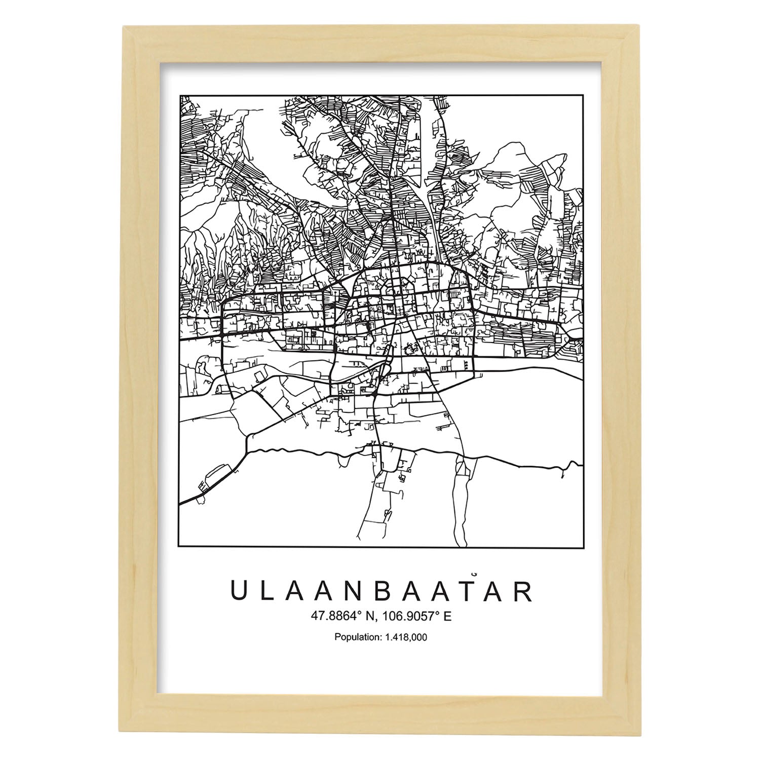 Lámina Mapa de la Ciudad Ulaanbaatar Estilo nordico en Blanco y negro.-Artwork-Nacnic-A3-Marco Madera clara-Nacnic Estudio SL