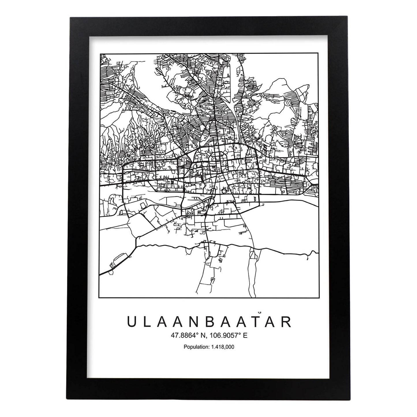 Lámina Mapa de la Ciudad Ulaanbaatar Estilo nordico en Blanco y negro.-Artwork-Nacnic-A3-Marco Negro-Nacnic Estudio SL