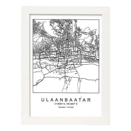 Lámina Mapa de la Ciudad Ulaanbaatar Estilo nordico en Blanco y negro.-Artwork-Nacnic-A4-Marco Blanco-Nacnic Estudio SL