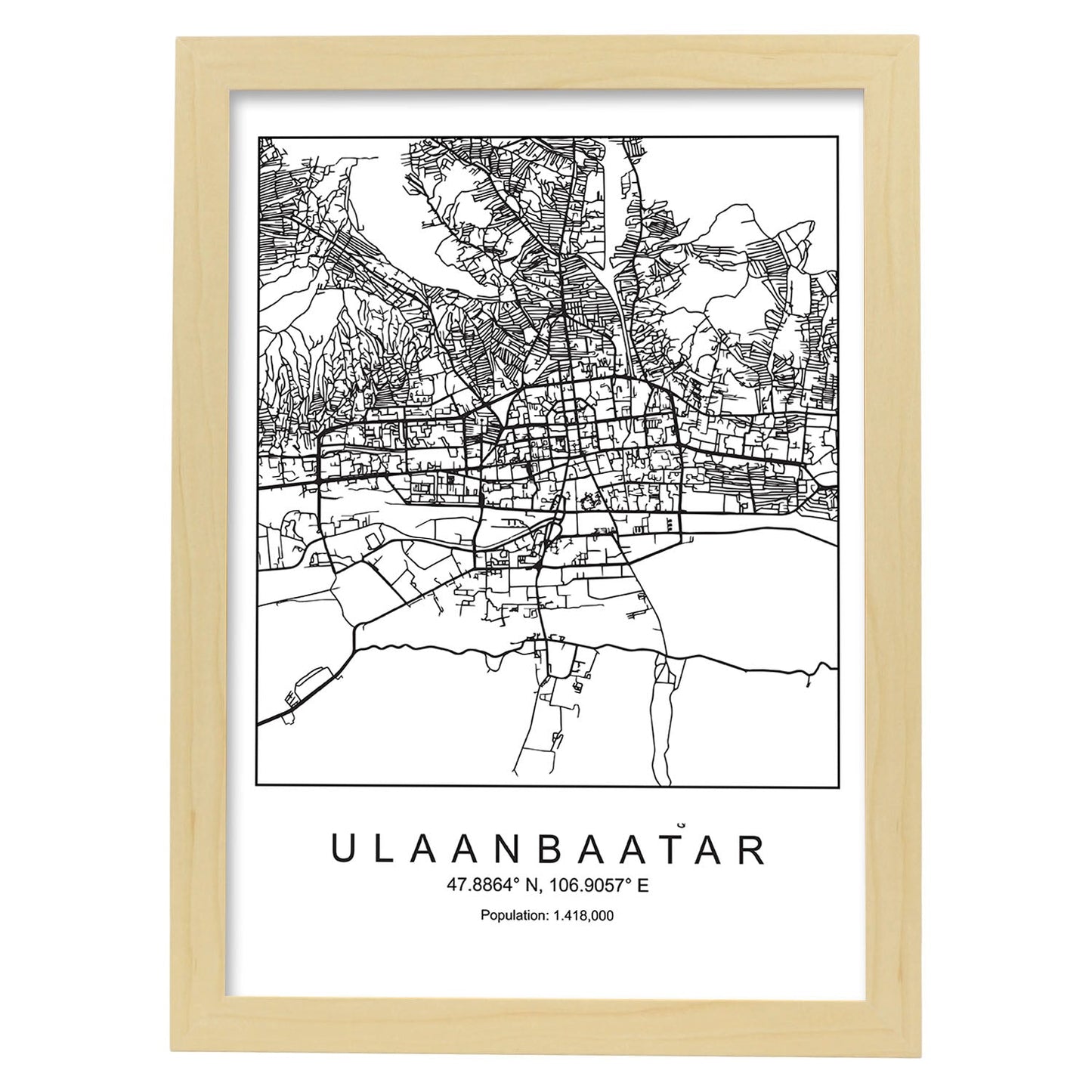 Lámina Mapa de la Ciudad Ulaanbaatar Estilo nordico en Blanco y negro.-Artwork-Nacnic-A4-Marco Madera clara-Nacnic Estudio SL