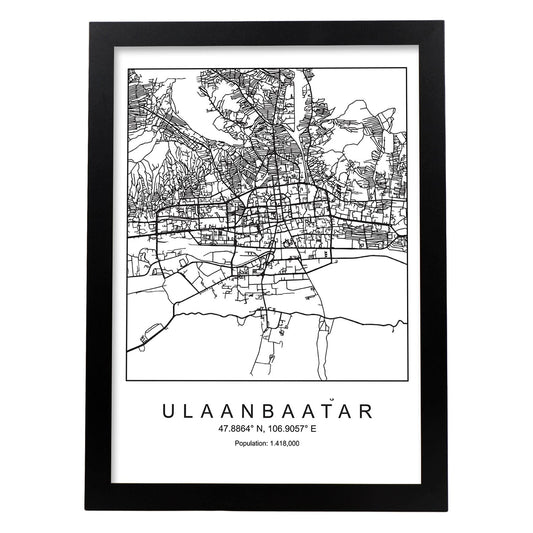Lámina Mapa de la Ciudad Ulaanbaatar Estilo nordico en Blanco y negro.-Artwork-Nacnic-A4-Marco Negro-Nacnic Estudio SL