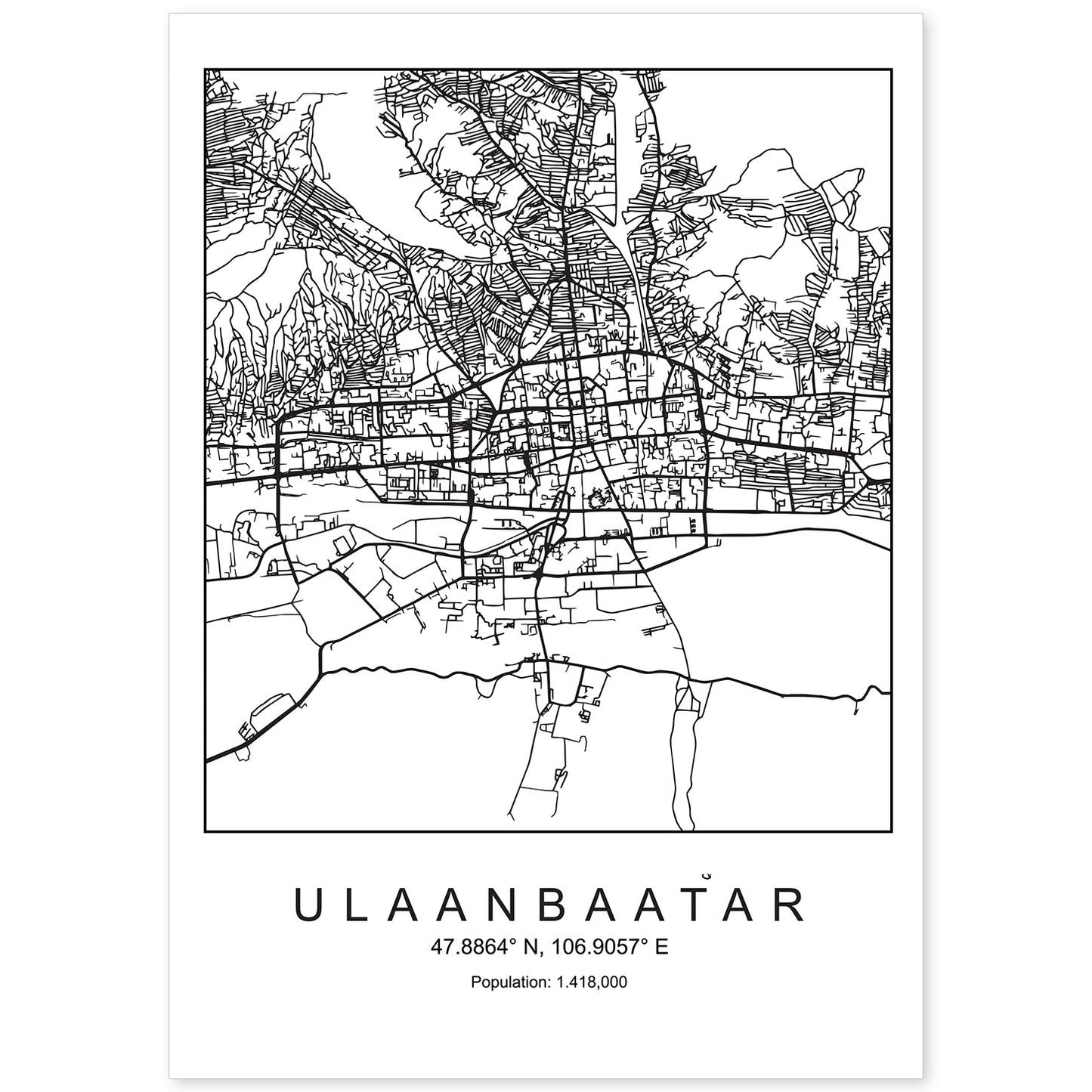 Lámina Mapa de la Ciudad Ulaanbaatar Estilo nordico en Blanco y negro.-Artwork-Nacnic-A4-Sin marco-Nacnic Estudio SL
