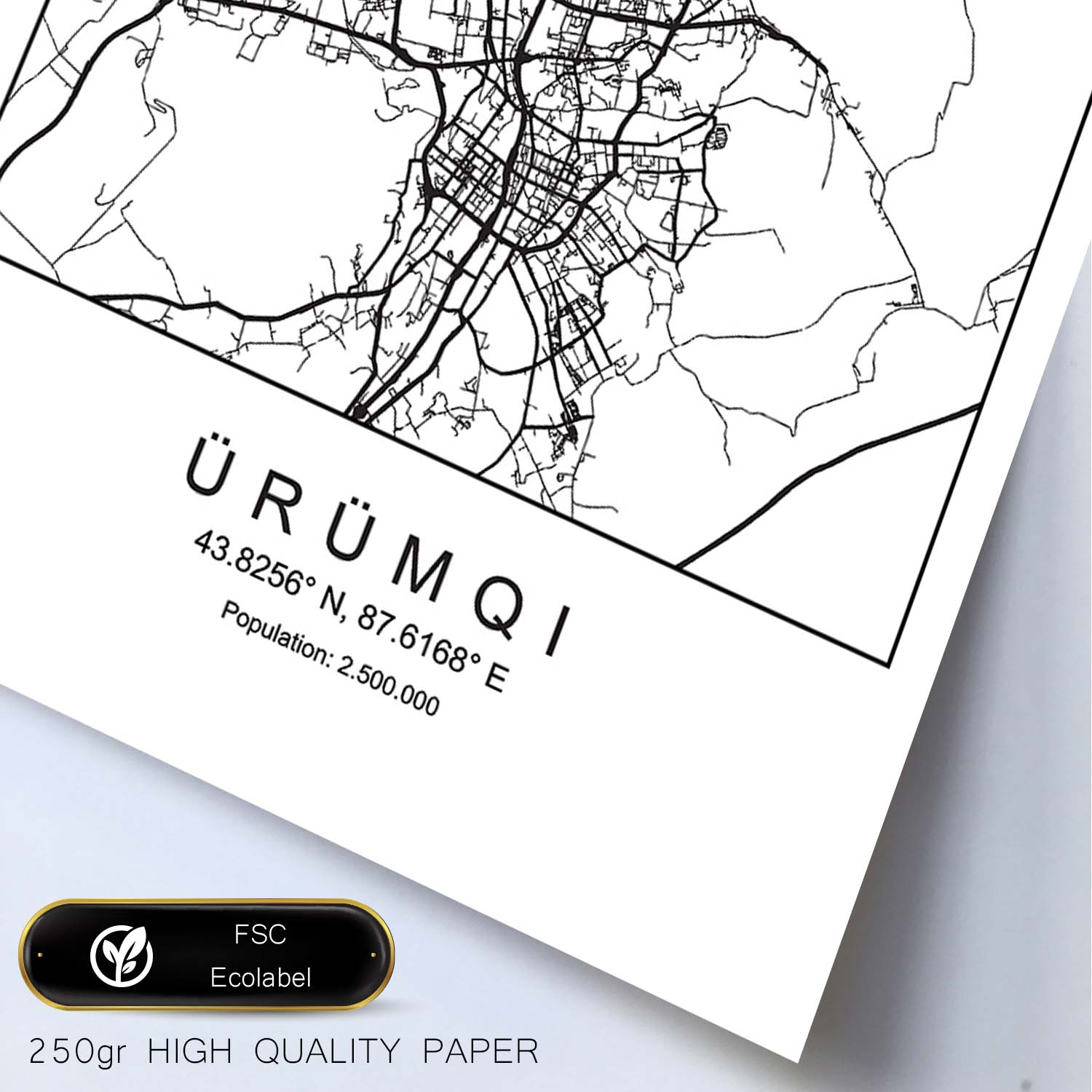 Lámina Mapa de la Ciudad Urumqi Estilo nordico en Blanco y negro.-Artwork-Nacnic-Nacnic Estudio SL