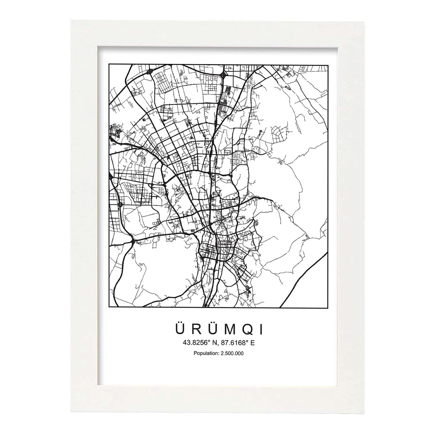 Lámina Mapa de la Ciudad Urumqi Estilo nordico en Blanco y negro.-Artwork-Nacnic-A3-Marco Blanco-Nacnic Estudio SL