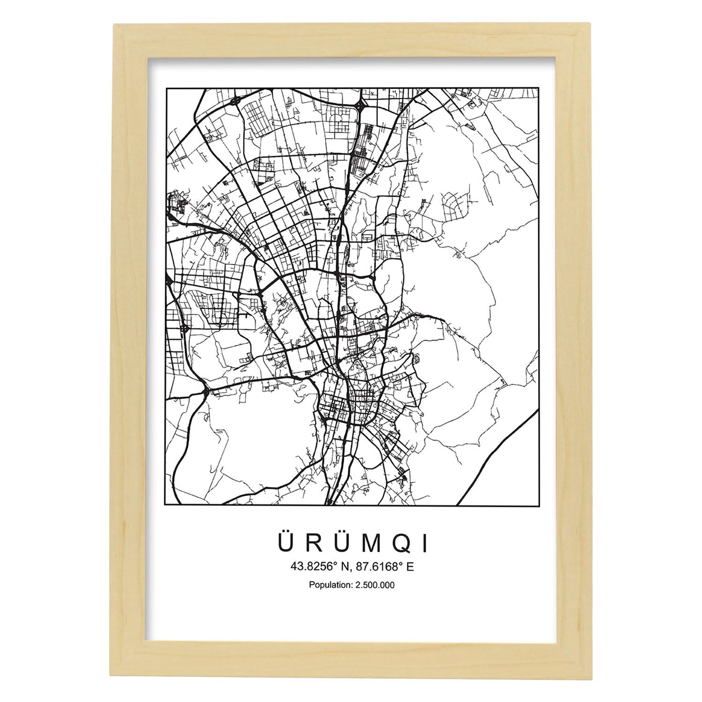 Lámina Mapa de la Ciudad Urumqi Estilo nordico en Blanco y negro.-Artwork-Nacnic-A3-Marco Madera clara-Nacnic Estudio SL