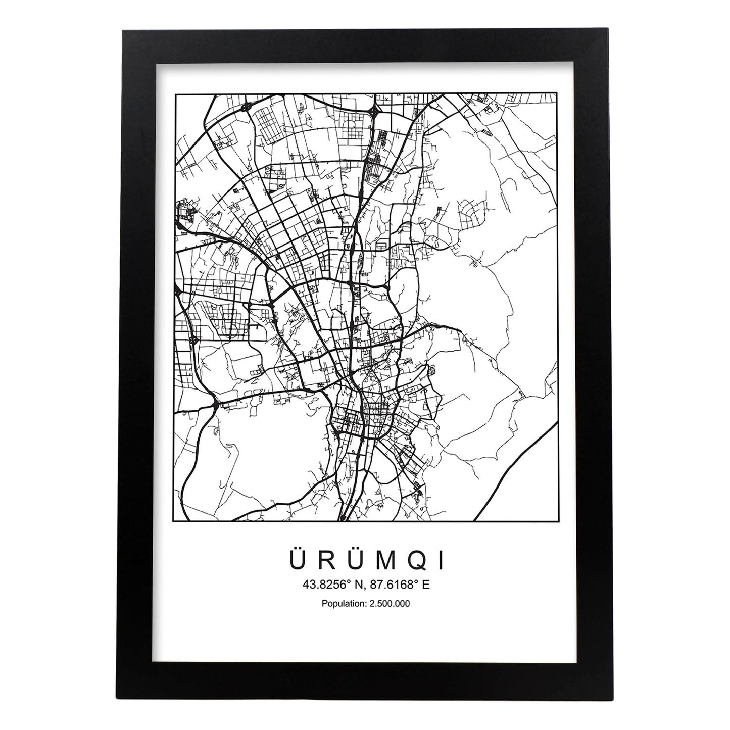 Lámina Mapa de la Ciudad Urumqi Estilo nordico en Blanco y negro.-Artwork-Nacnic-A3-Marco Negro-Nacnic Estudio SL
