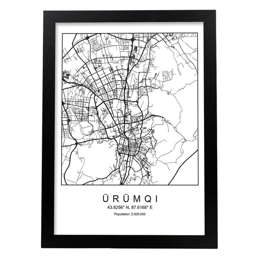 Lámina Mapa de la Ciudad Urumqi Estilo nordico en Blanco y negro.-Artwork-Nacnic-A4-Marco Negro-Nacnic Estudio SL