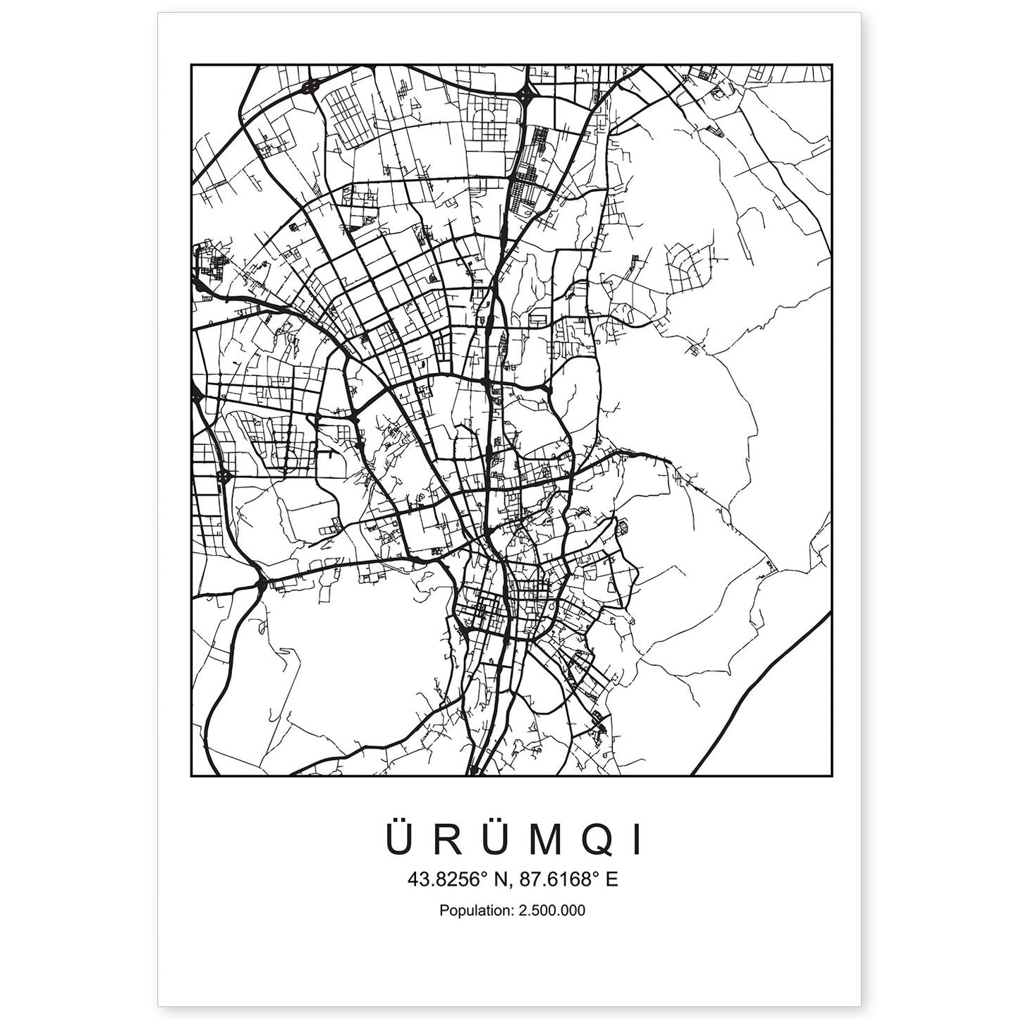 Lámina Mapa de la Ciudad Urumqi Estilo nordico en Blanco y negro.-Artwork-Nacnic-A4-Sin marco-Nacnic Estudio SL