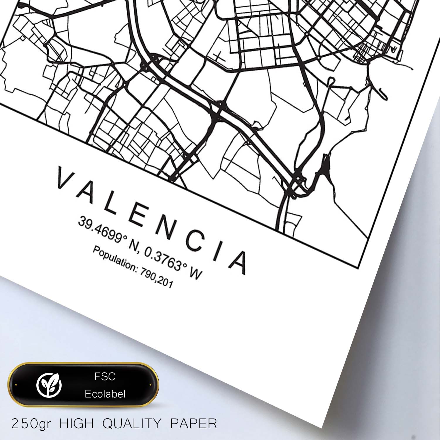Lámina Mapa de la Ciudad Valencia Estilo nordico en Blanco y negro.-Artwork-Nacnic-Nacnic Estudio SL