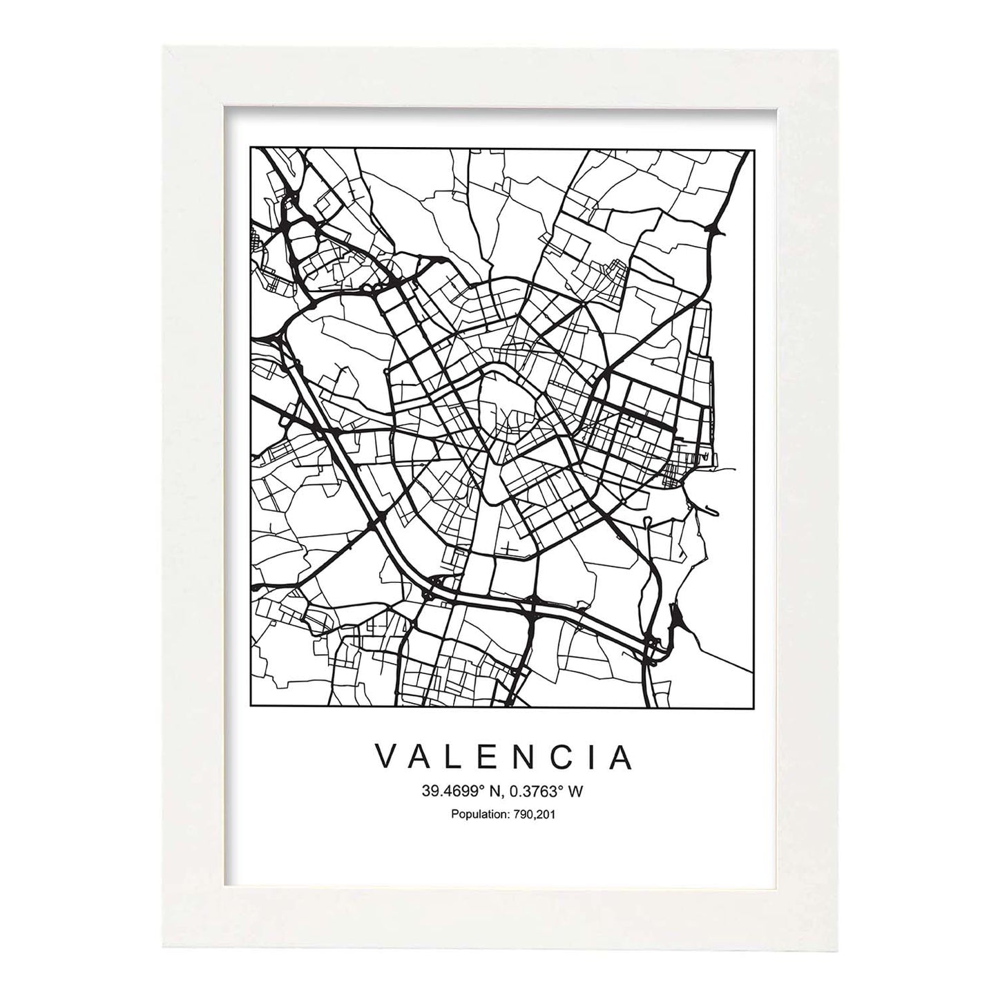 Lámina Mapa de la Ciudad Valencia Estilo nordico en Blanco y negro.-Artwork-Nacnic-A3-Marco Blanco-Nacnic Estudio SL