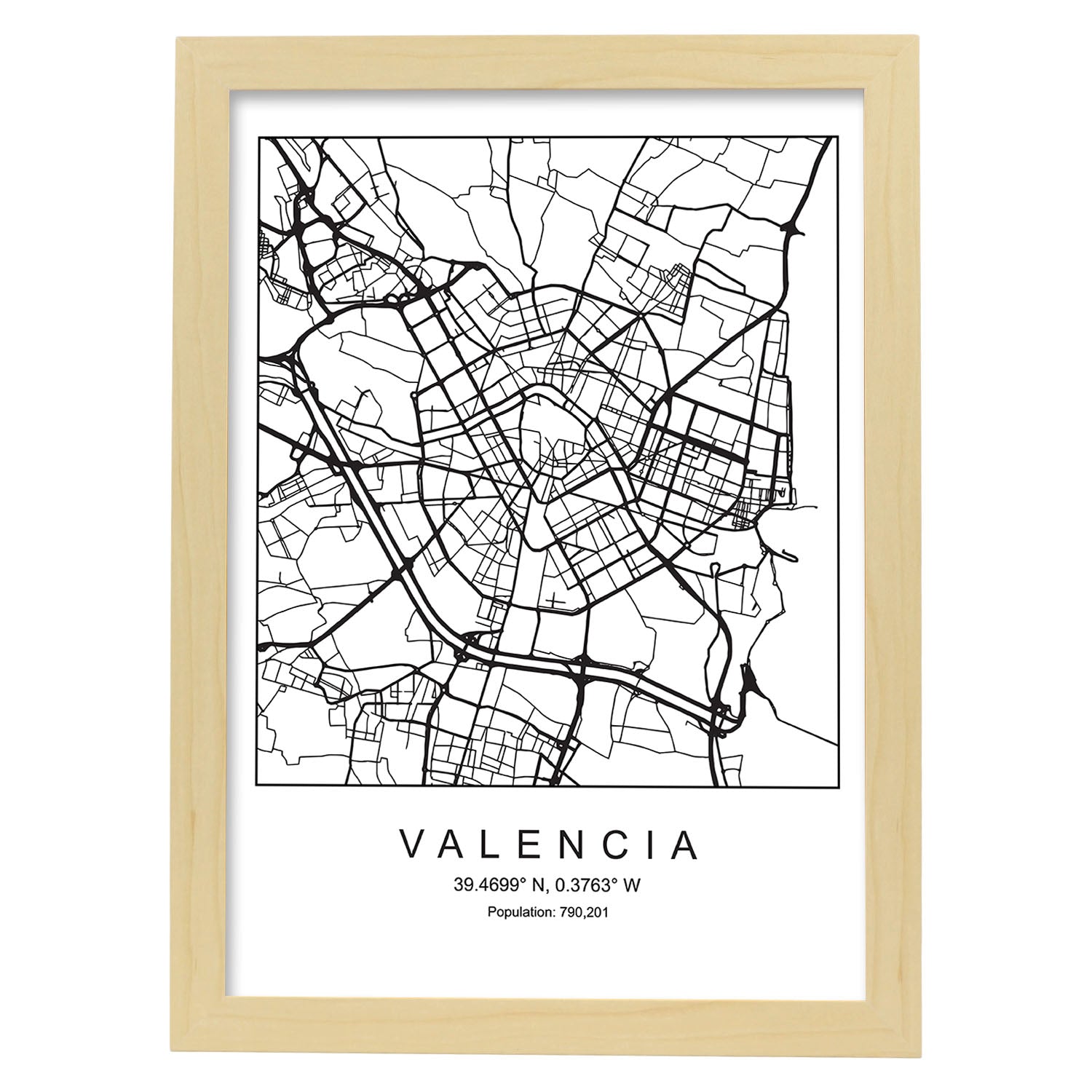 Lámina Mapa de la Ciudad Valencia Estilo nordico en Blanco y negro.-Artwork-Nacnic-A3-Marco Madera clara-Nacnic Estudio SL