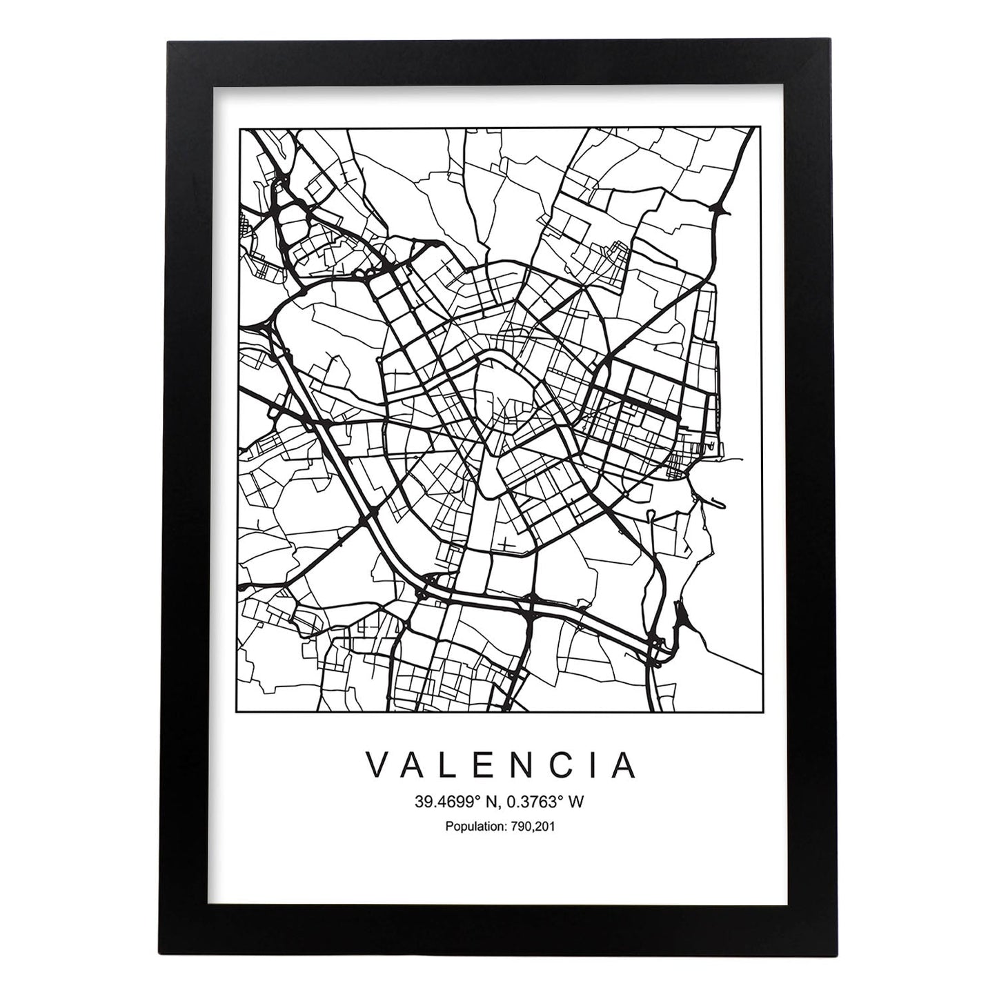 Lámina Mapa de la Ciudad Valencia Estilo nordico en Blanco y negro.-Artwork-Nacnic-A3-Marco Negro-Nacnic Estudio SL