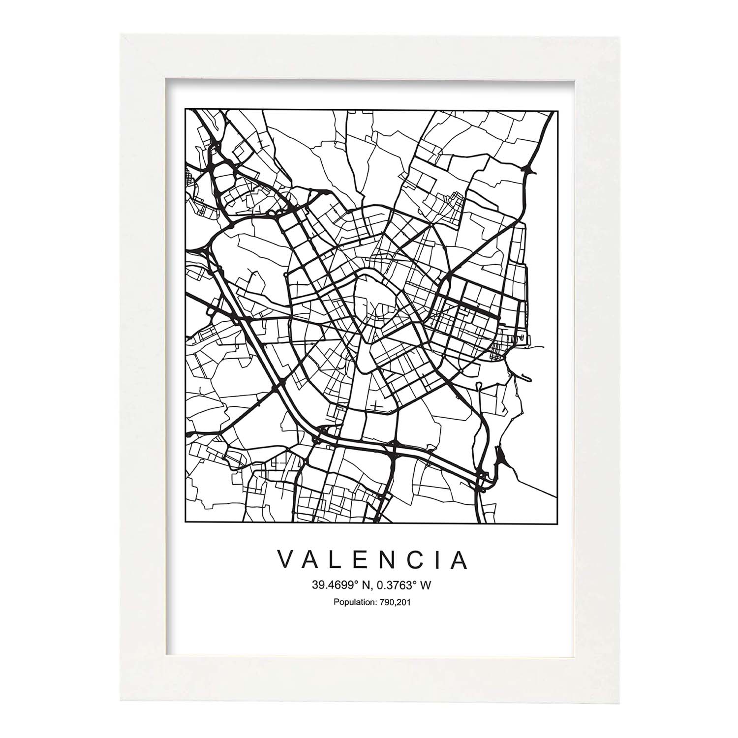 Lámina Mapa de la Ciudad Valencia Estilo nordico en Blanco y negro.-Artwork-Nacnic-A4-Marco Blanco-Nacnic Estudio SL