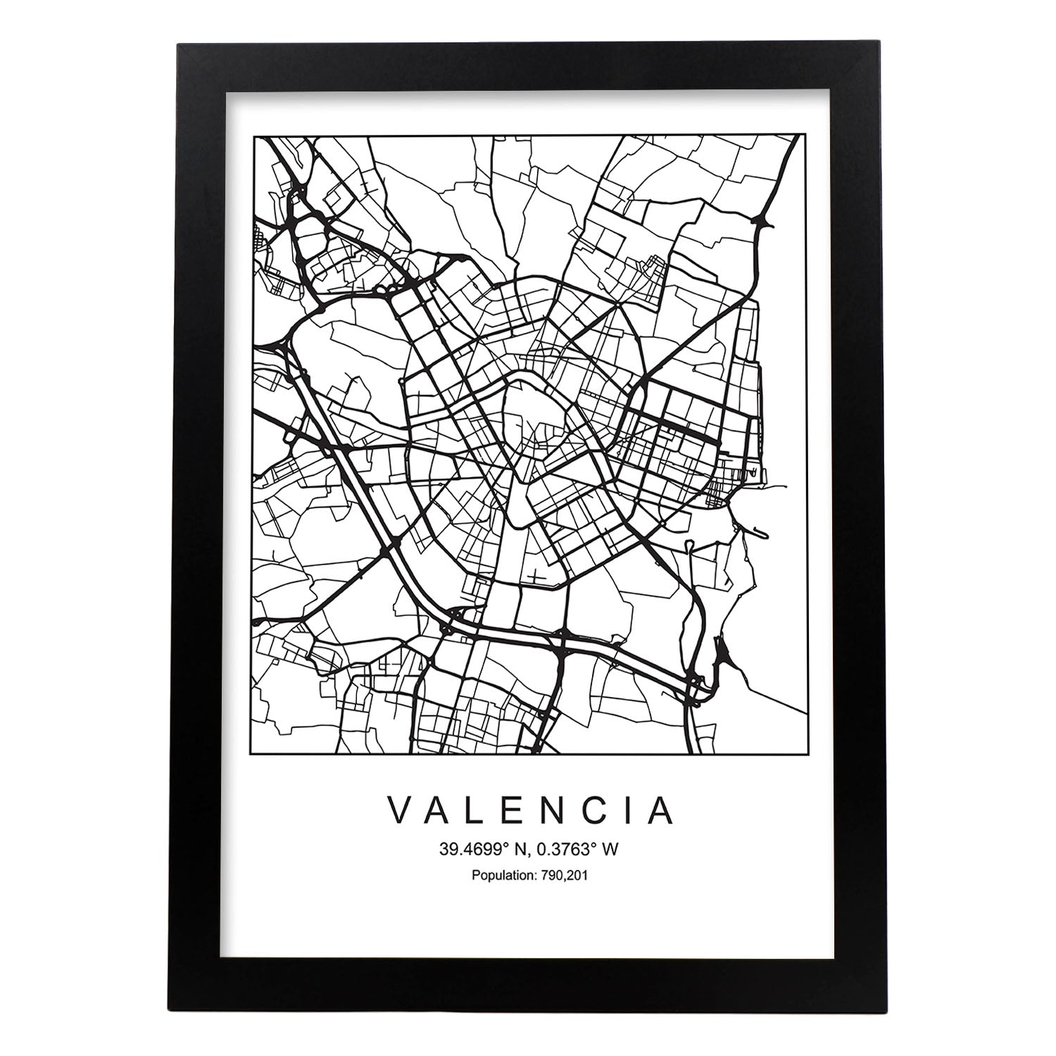 Lámina Mapa de la Ciudad Valencia Estilo nordico en Blanco y negro.-Artwork-Nacnic-A4-Marco Negro-Nacnic Estudio SL