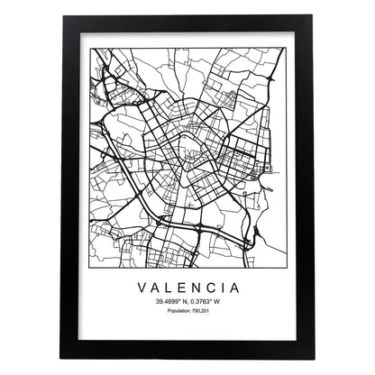 Lámina Mapa de la Ciudad Valencia Estilo nordico en Blanco y negro.-Artwork-Nacnic-A4-Marco Negro-Nacnic Estudio SL