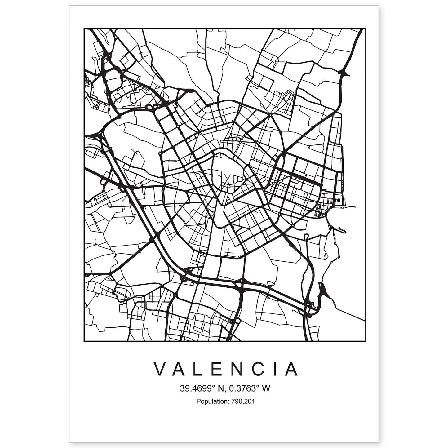 Lámina Mapa de la Ciudad Valencia Estilo nordico en Blanco y negro.-Artwork-Nacnic-A4-Sin marco-Nacnic Estudio SL