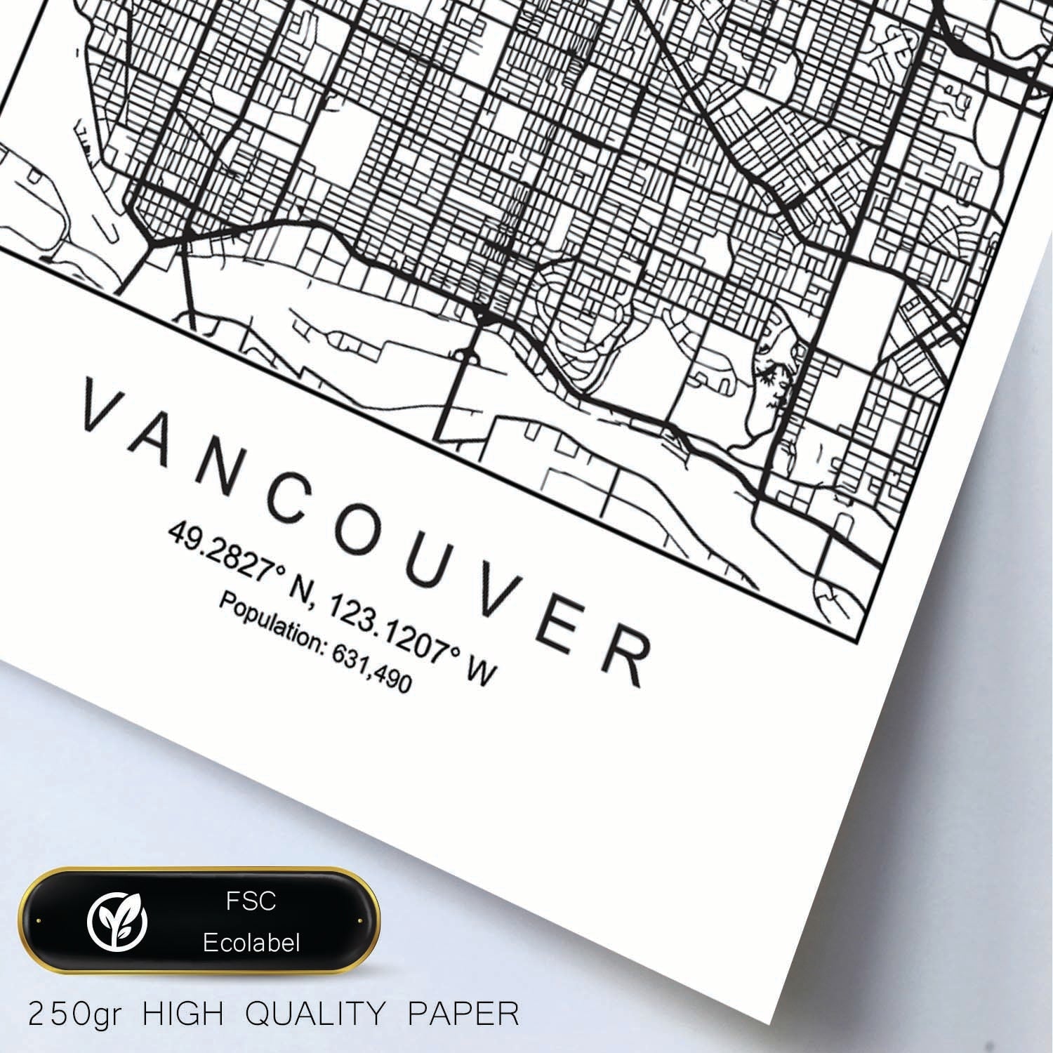 Lámina Mapa de la Ciudad Vancouver Estilo nordico en Blanco y negro.-Artwork-Nacnic-Nacnic Estudio SL