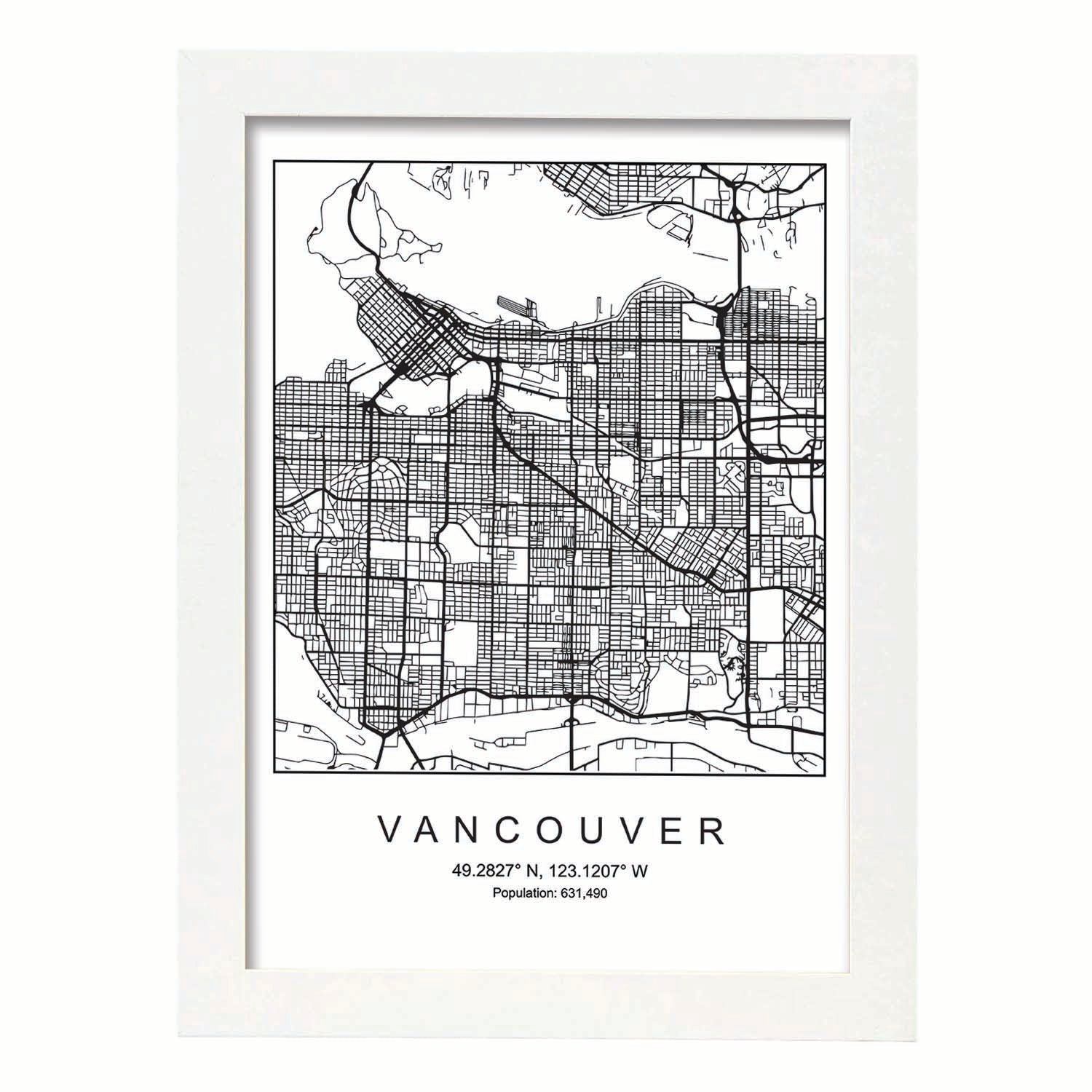 Lámina Mapa de la Ciudad Vancouver Estilo nordico en Blanco y negro.-Artwork-Nacnic-A3-Marco Blanco-Nacnic Estudio SL