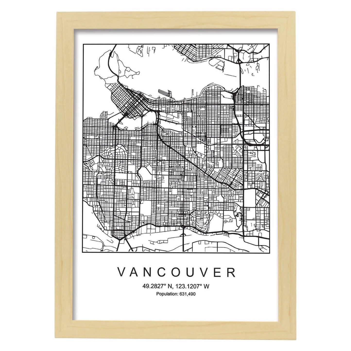 Lámina Mapa de la Ciudad Vancouver Estilo nordico en Blanco y negro.-Artwork-Nacnic-A3-Marco Madera clara-Nacnic Estudio SL