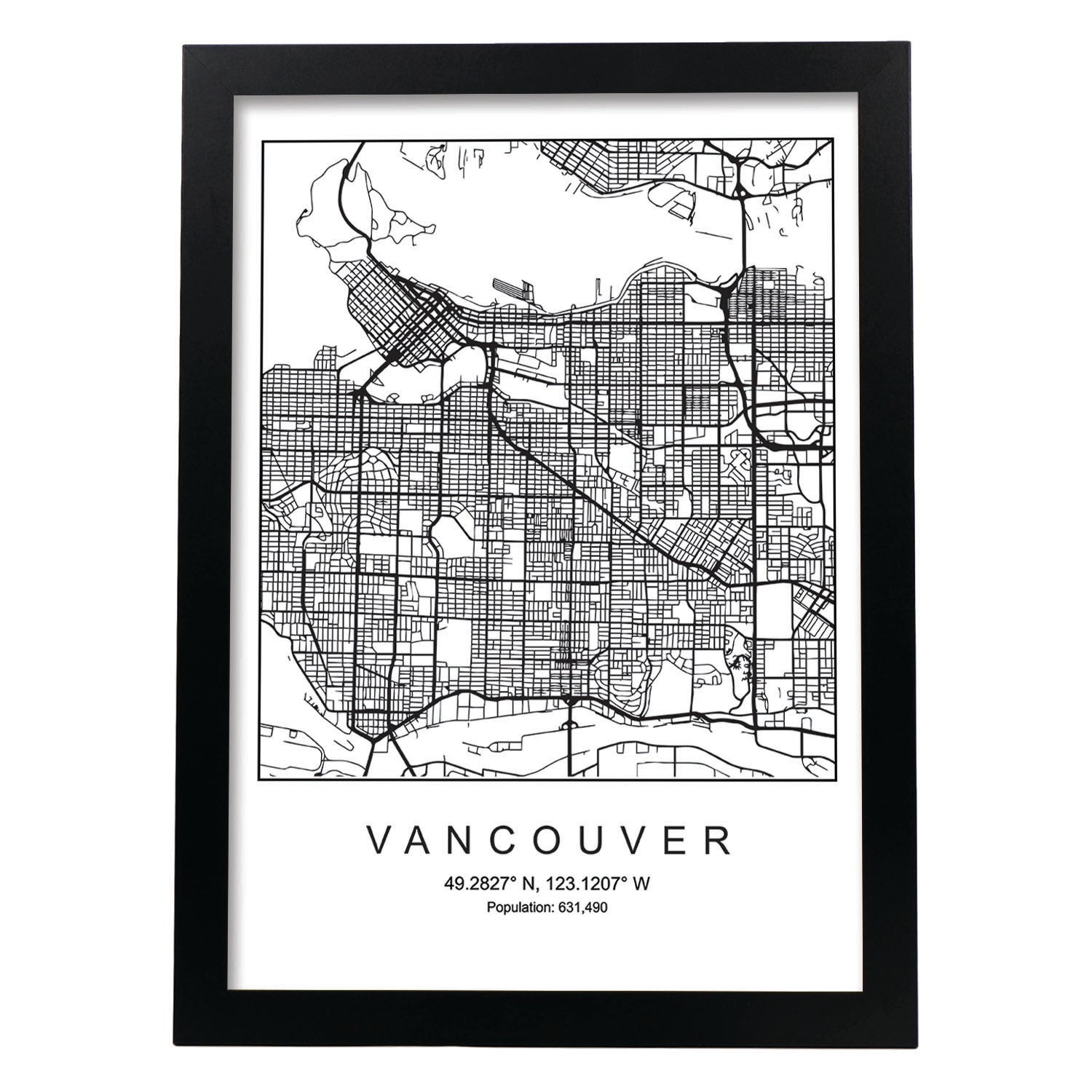 Lámina Mapa de la Ciudad Vancouver Estilo nordico en Blanco y negro.-Artwork-Nacnic-A3-Marco Negro-Nacnic Estudio SL