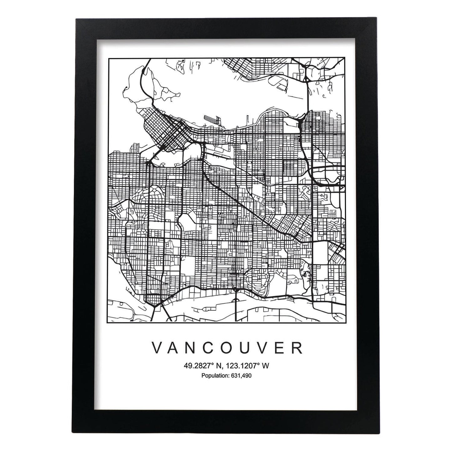 Lámina Mapa de la Ciudad Vancouver Estilo nordico en Blanco y negro.-Artwork-Nacnic-A4-Marco Negro-Nacnic Estudio SL
