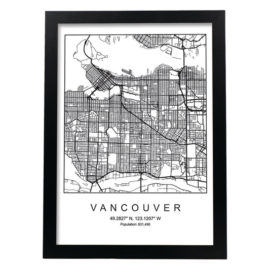 Lámina Mapa de la Ciudad Vancouver Estilo nordico en Blanco y negro.-Artwork-Nacnic-A4-Marco Negro-Nacnic Estudio SL