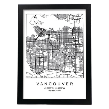 Lámina Mapa de la Ciudad Vancouver Estilo nordico en Blanco y negro.-Artwork-Nacnic-A4-Marco Negro-Nacnic Estudio SL