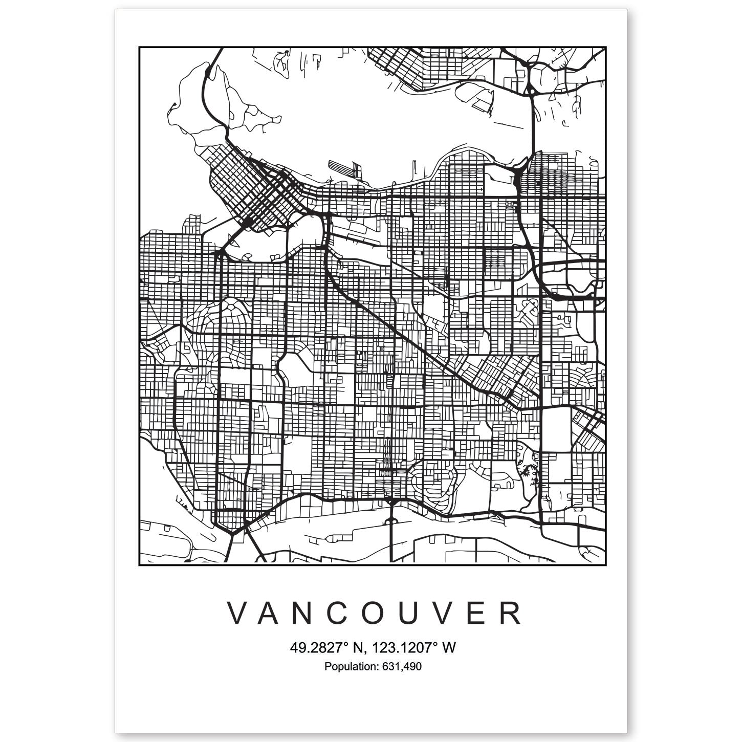 Lámina Mapa de la Ciudad Vancouver Estilo nordico en Blanco y negro.-Artwork-Nacnic-A4-Sin marco-Nacnic Estudio SL