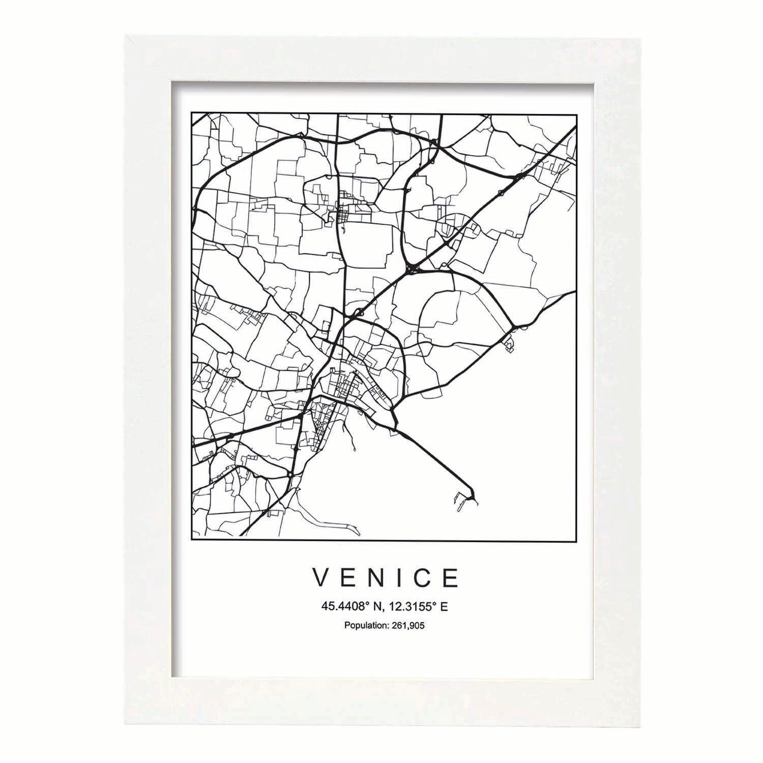 Lámina Mapa de la Ciudad Venice Estilo nordico en Blanco y negro.-Artwork-Nacnic-A3-Marco Blanco-Nacnic Estudio SL