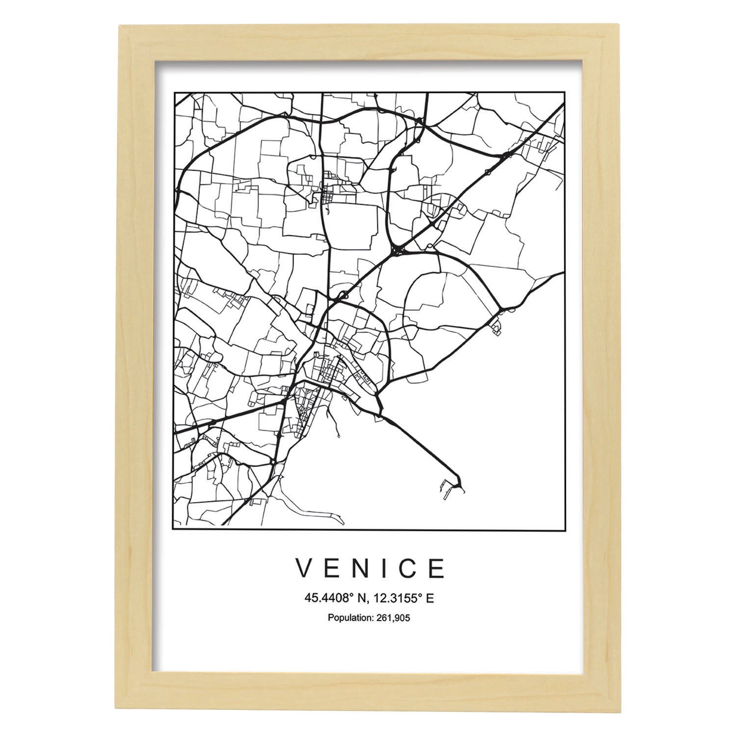 Lámina Mapa de la Ciudad Venice Estilo nordico en Blanco y negro.-Artwork-Nacnic-A3-Marco Madera clara-Nacnic Estudio SL